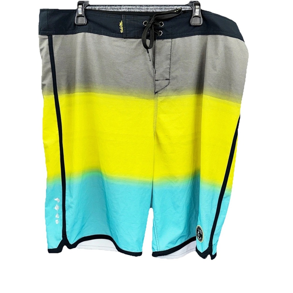 Salt Life SLX-QD Vapor Stretch Board Shorts Mens 38 Ombre Grey Yellow Blue Swim